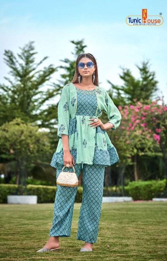FUSHION BY TUNIC HOUSE DESIGNER WITH PRINTED MUSLIN SILK PAPLUM STYLE CO ORD SETS ARE AVAILABLE AT WHOLESALE PRICE