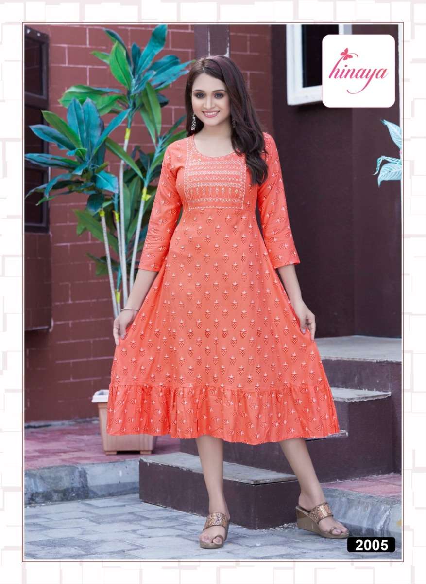 ANERI VOL-2 KURTI BY HINAYA DESIGNER WITH PRINTED RAYON GOWN STYLE KUTRTIS ARE AVAILABLE AT WHOLESALE PRICE