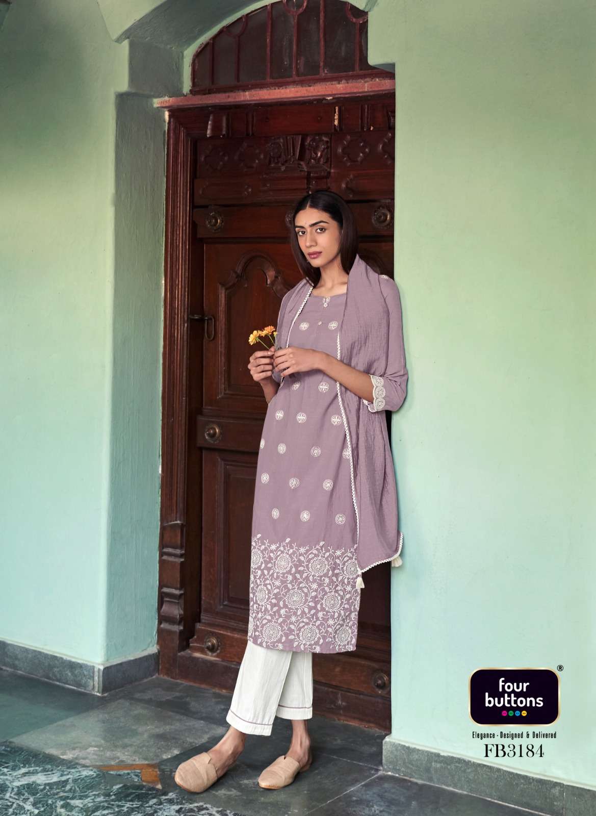 INARA KURTI BY FOUR BUTTONS DESIGNER WITH WORK COTTON DYED KURTI WITH PANT AND DUPATTA ARE AVAILABLE AT WHOLESALE PRICE