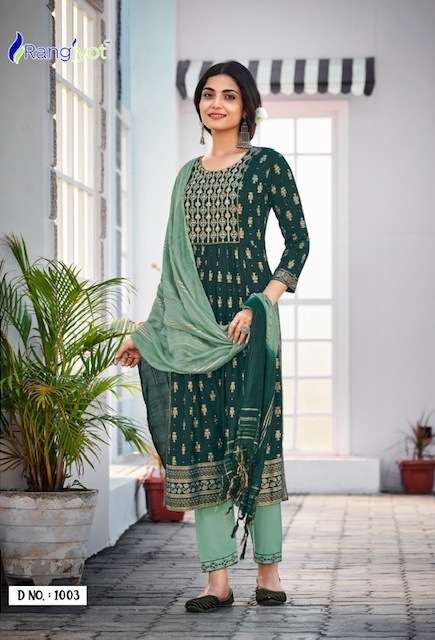 RANGMUNCH VOL-2 KURTI BY RANGJYOT DESIGNER WITH PRINTED AND WORK RAYON KURTI WITH PANT AND DUPATTAARE AVAILABLE AT WHOLESALE PRICE