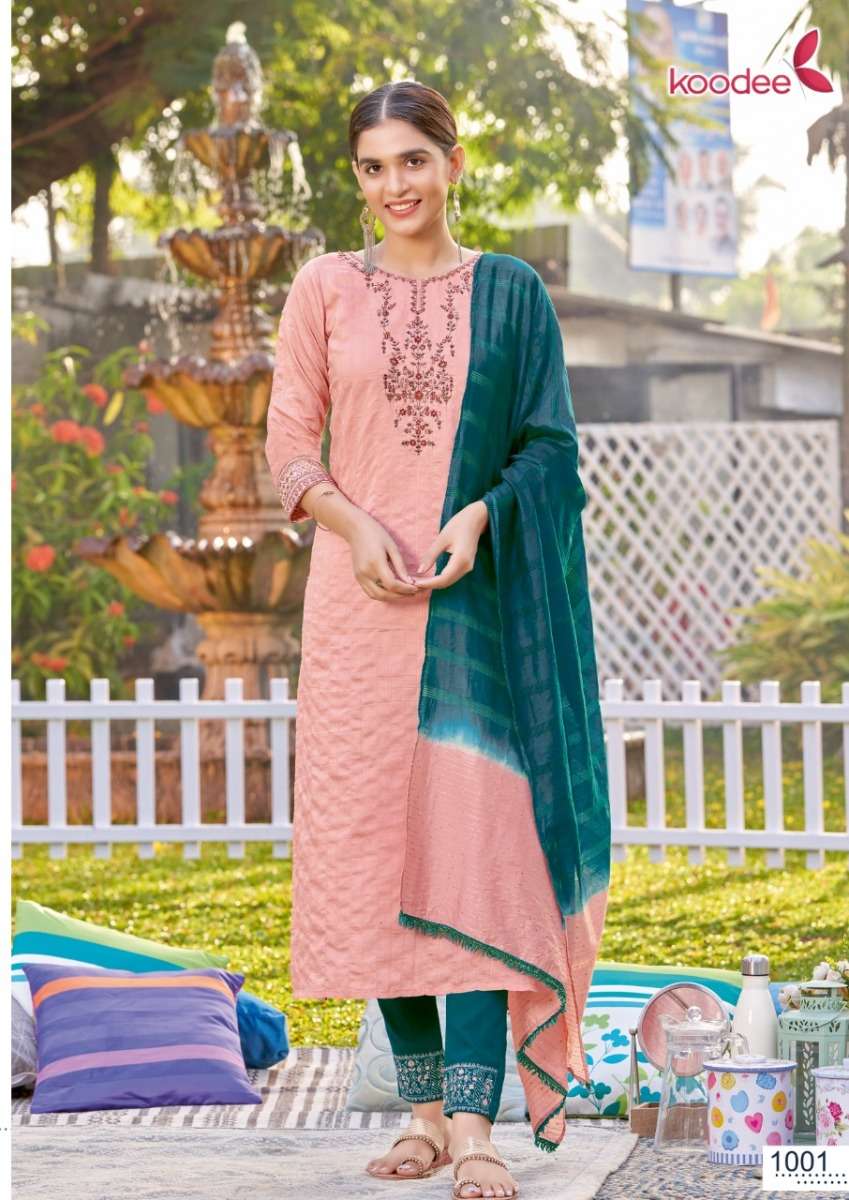 RIYA VOL-3 KURTI BY KOODEEE DESIGNER WITH KHATLI WORK VISCOSE KURTI WITH BOTTOM AND DUPATTA ARE AVAILABLE AT WHOLESALE PRICE