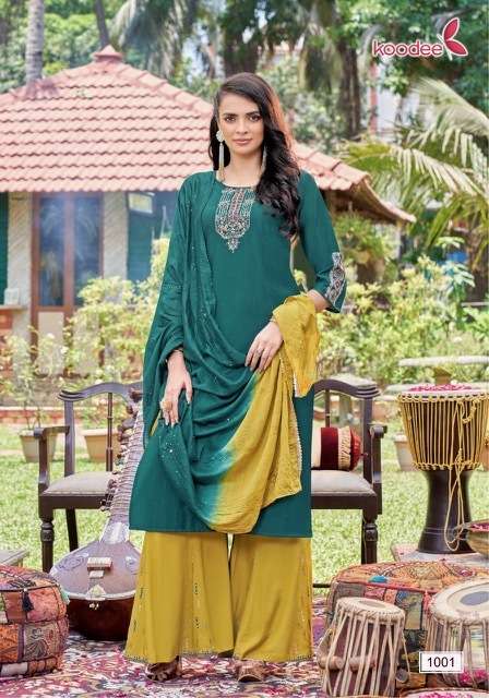 SANAYA KURTI BY KOODEE DESIGNER WITH KHATLI WORK CHINON KURTI WITH PANT AND DUPATTA ARE AVAILABLE AT WHOLESALE PRICE