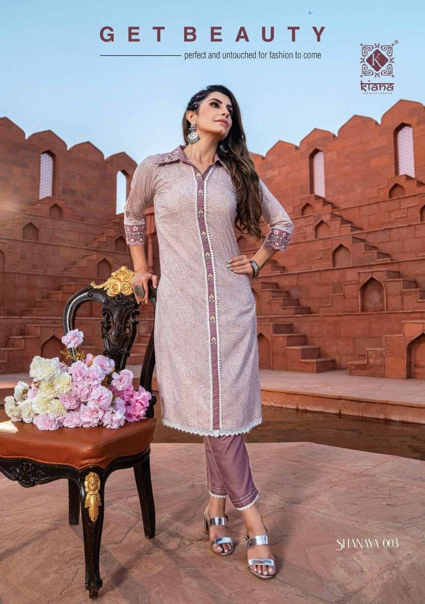 SHANAYA KURTI BY KIANA DESIGNER WITH PRINTED AND WORK COTTON KURTI WITH PANT ARE AVAILABLE AT WHOLESALE PRICE