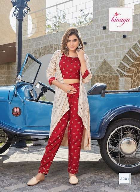 ANANYA VOL-2 SERIES 2001 TO 2006 KURTI BY HINAYA DESIGNER WITH PRINTED RAYON CROP TOP WITH JACKET ARE AVAILABLE AT WHOLESALE PRICE