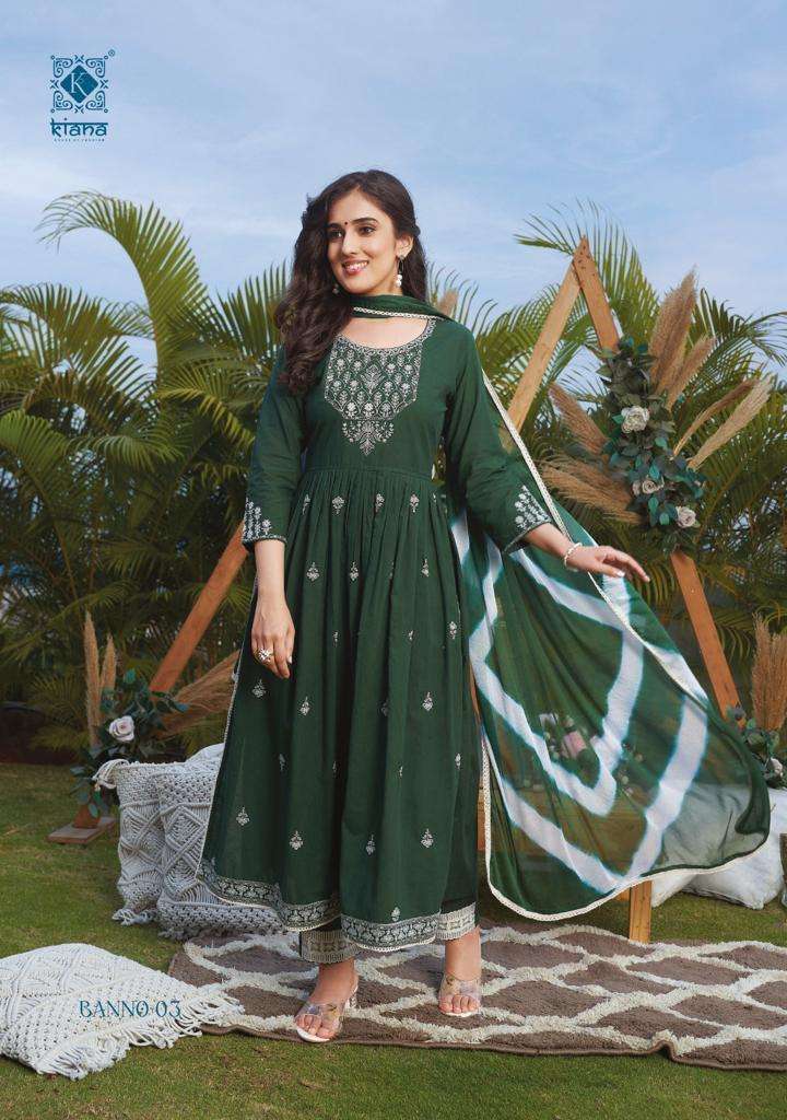 BANNO SERIES 01 TO 08 KURTI BY KIANA DESIGNER WITH WORK COTTON NAYRA CUT KURTI WITH PANT AND DUPATTA ARE AVAILABLE AT WHOLESALE PRICE