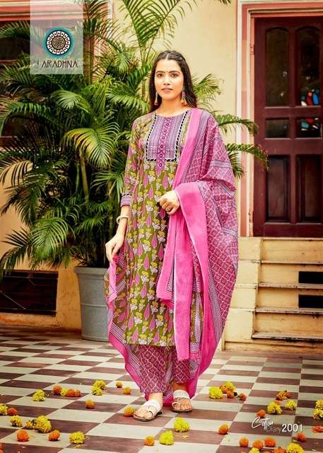 COTTON DIARY VOL-2 SERIES 2001 TO 2012 KURTI BY ARADHANA DESIGNER WITH PRINTED AND WORK COTTON KURTI WITH PANT AND DUPATTA ARE AVAILABLE AT WHOLESALE PRICE