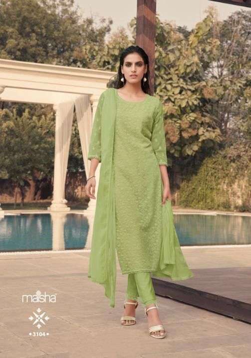 HAZEL SERIES 3101 TO 3104 KURTI BY MAISHA DESIGNER WITH WORK GEORGETTE KURTI WITH BOTTOM AND DUPATTA ARE AVAILABLE AT WHOLESALE PRICE