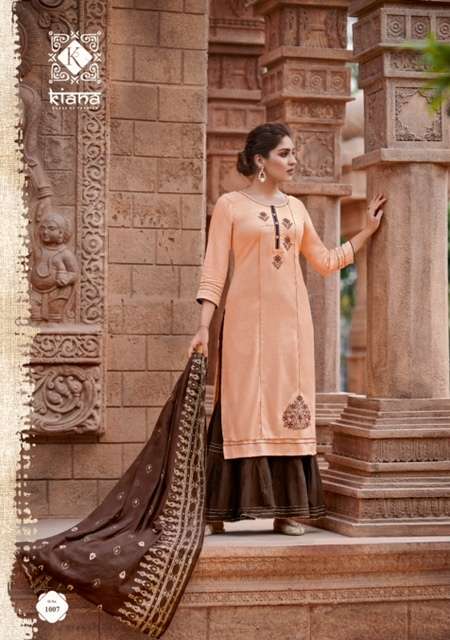 LIMELIGHT KURTI SERIES 1001 TO 1007 BY KIANA DESIGNER WITH WORK VISCOSE LINEN KURTI WITH BOTTOM AND DUPATTA ARE AVAILABLE AT WHOLESALE PRICE