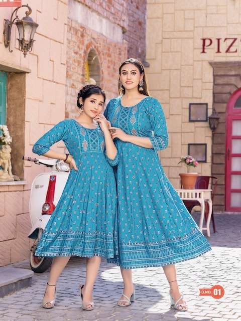 ME & MOM VOL-2 SERIES 001 TO 010 KURTI BY BANWERY DESIGNER WITH GOLD PRINTED KURTIS ARE AVAILABLE AT WHOLESALE PRICE