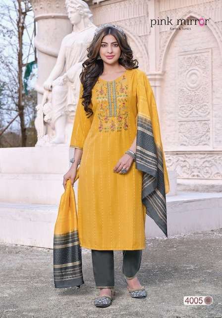 MOMENT SERIES 4001 TO 4006 KURTI BY PINK MIRROR DESIGNER WITH WORK VISCOSE KURTI WITH PANT AND DUPATTA ARE AVAILABLE AT WHOLESALE PRICE