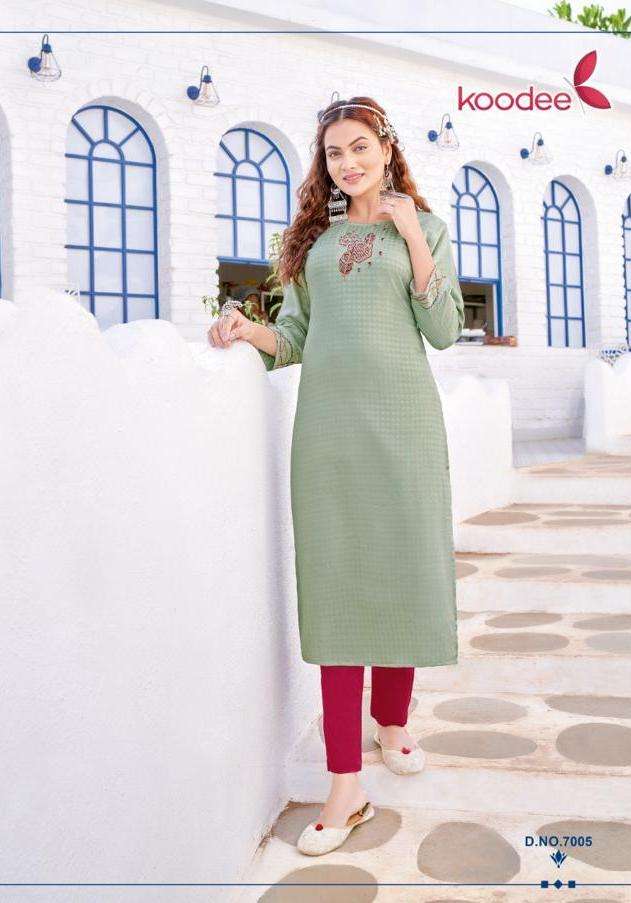 RAAS VOL-1 SERIES 7001 TO 7006 KURTI BY KOODEE DESIGNER WITH EMBROIDERY AND KHATLI WORK RAYON KURTIS ARE AVAILABLE AT WHOLESALE PRICE