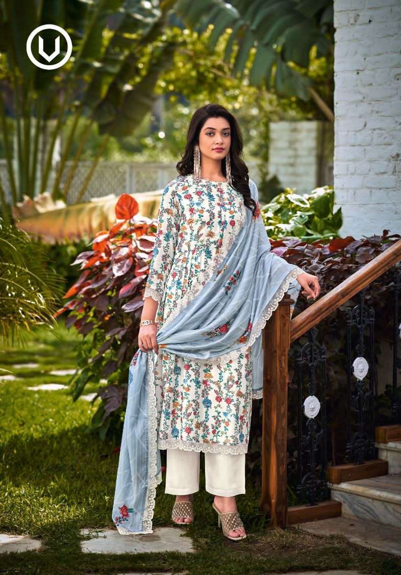 ROSABEL SERIES 11101 TO 11105 BY VIVEK DESIGNER WITH PRINTED AND HAND WORK MUSLIN SUITS ARE AVAILABLE AT WHOLESALE PRICE