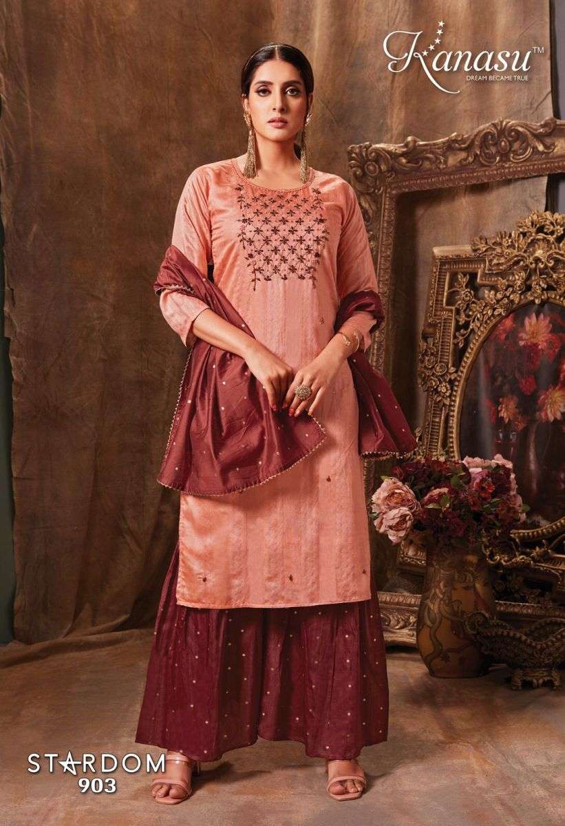 STARDOM SERIES 901 TO 908 KURTI BY KANASU DESIGNER WITH WORK CHANDERI KURTI WITH BOTTOM AND DUPATTA ARE AVAILABLE AT WHOLESALE PRICE