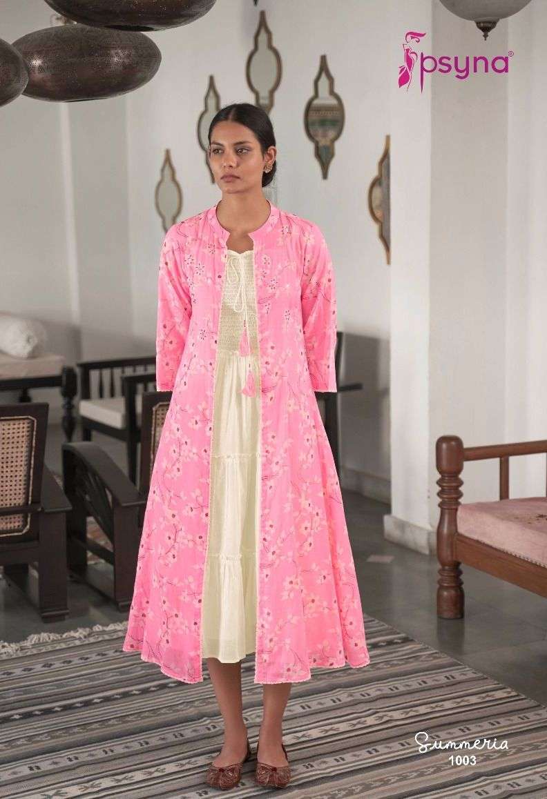 SUMMERIA SERIES 1001 TO 1006 KURTI BY PSYNA DESIGNER WITH PRINTED RAYON KURTI WITH COTTON SHRUGS ARE AVAILABLE AT WHOLESALE PRICE