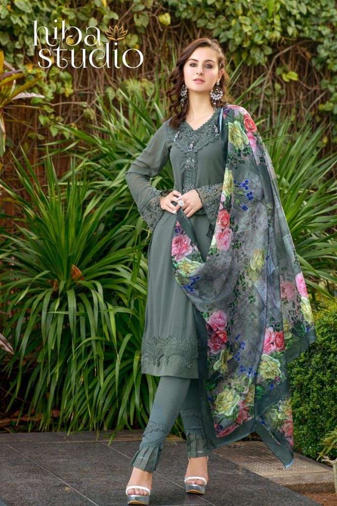 HIBA STUDIO LPC 63 DESIGNER WITH PRINTED AND WORK PAKISTANI STYLE GEORGETTE TOP WITH PANT AND DUPATTA ARE AVAILABLE AT WHOLESALE PRICE