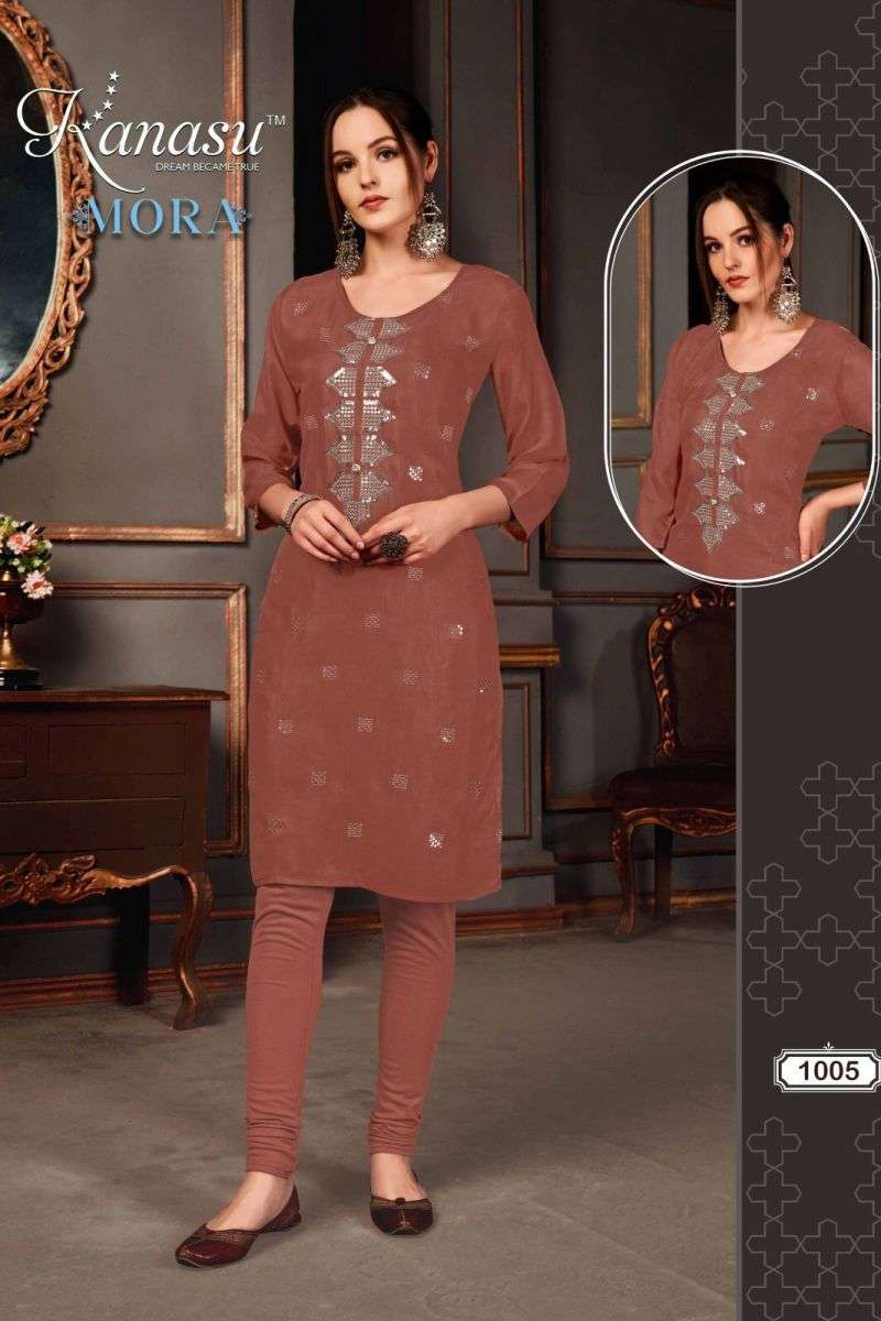 MORA SERIES 1001 TO 1008 KURTI BY KANASU DESIGNER WITH WORK MUSLIN KURTIS ARE AVAILABLE AT WHOLESALE PRICE