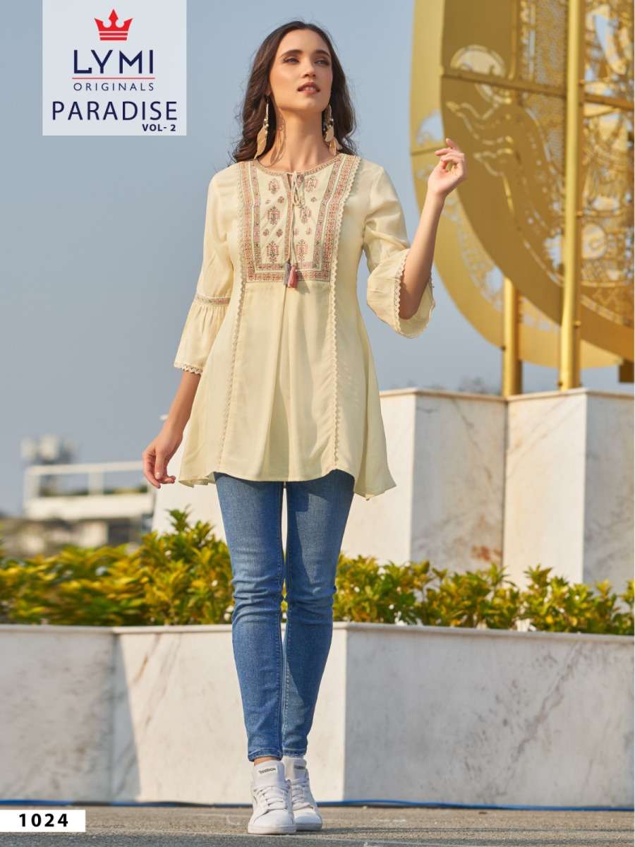 PARADISE VOL-2 SERIES 1021 TO 1026 TOP BY LYMI DESIGNER WITH EMBROIDERY WORK RAYON SHORT TOPS ARE AVAILABLE AT WHOLESALE PRICE
