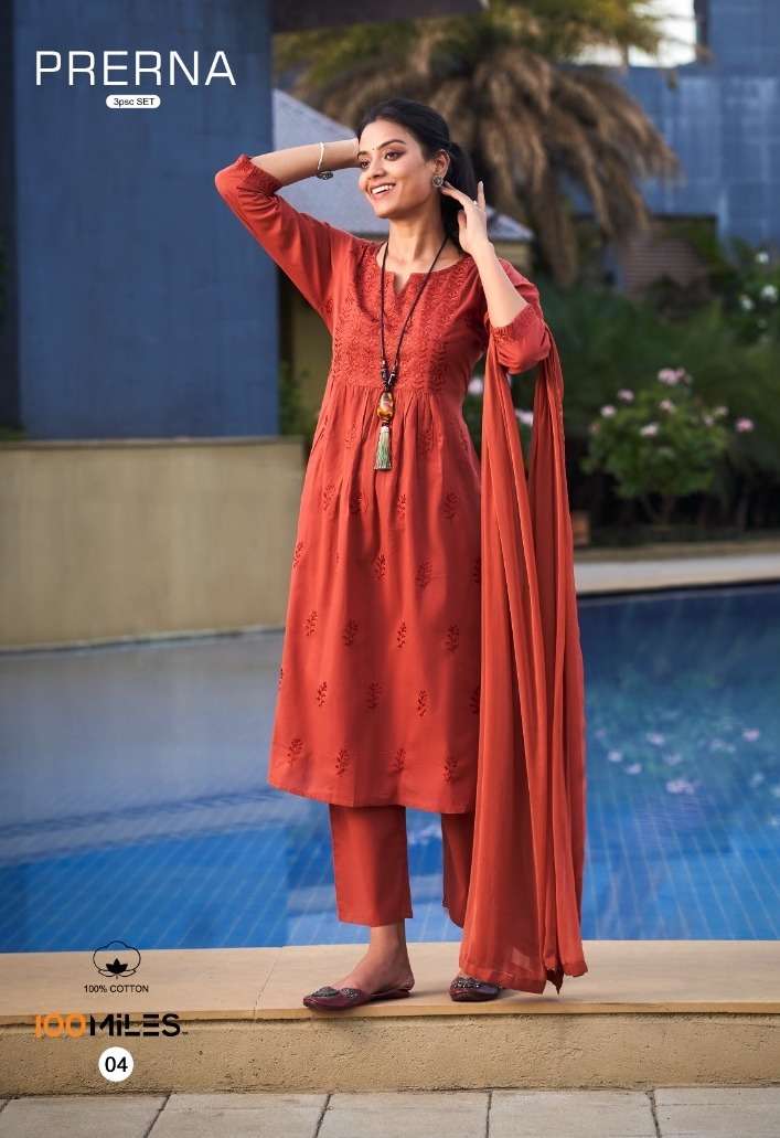 PRERNA SERIES 01 TO 04 KURTI BY 100 MILES DESIGNER WITH WORK CAMBRIC COTTON KURTI WITH PANT AND DUPATTA ARE AVAILABLE AT WHOLESALE PRICE