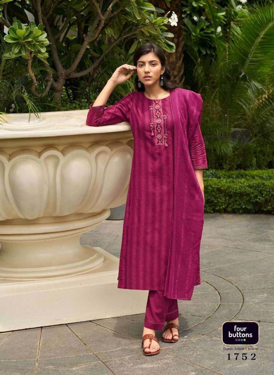 ZIBA SERIES 1751 TO 1756 KURTI BY FOUR BUTTONS DESIGNER WITH WORK COTTON KURTI WITH PANT AND DUPATTA ARE AVAILABLE AT WHOLESALE PRICE