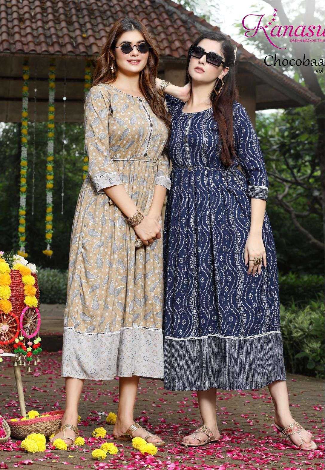 CHOCOBAAR VOL-4 SEIRES 1001 TO 1008 KURTI BY KANASU DESIGNER WITH CAPSUL PRINTED RAYON KURTIS ARE AVAILABLE AT WHOLESALE PRICE