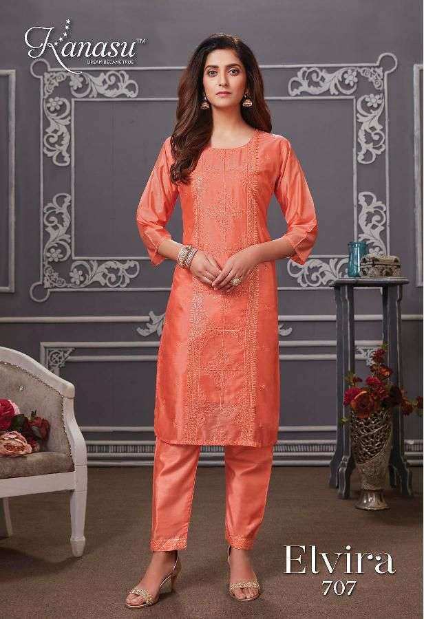 ELVIRA SERIES 701 TO 708 KURTI BY KANASU DESIGNER CHANDERI SILK KURTIS ARE AVAILABLE AT WHOLESALE PRICE