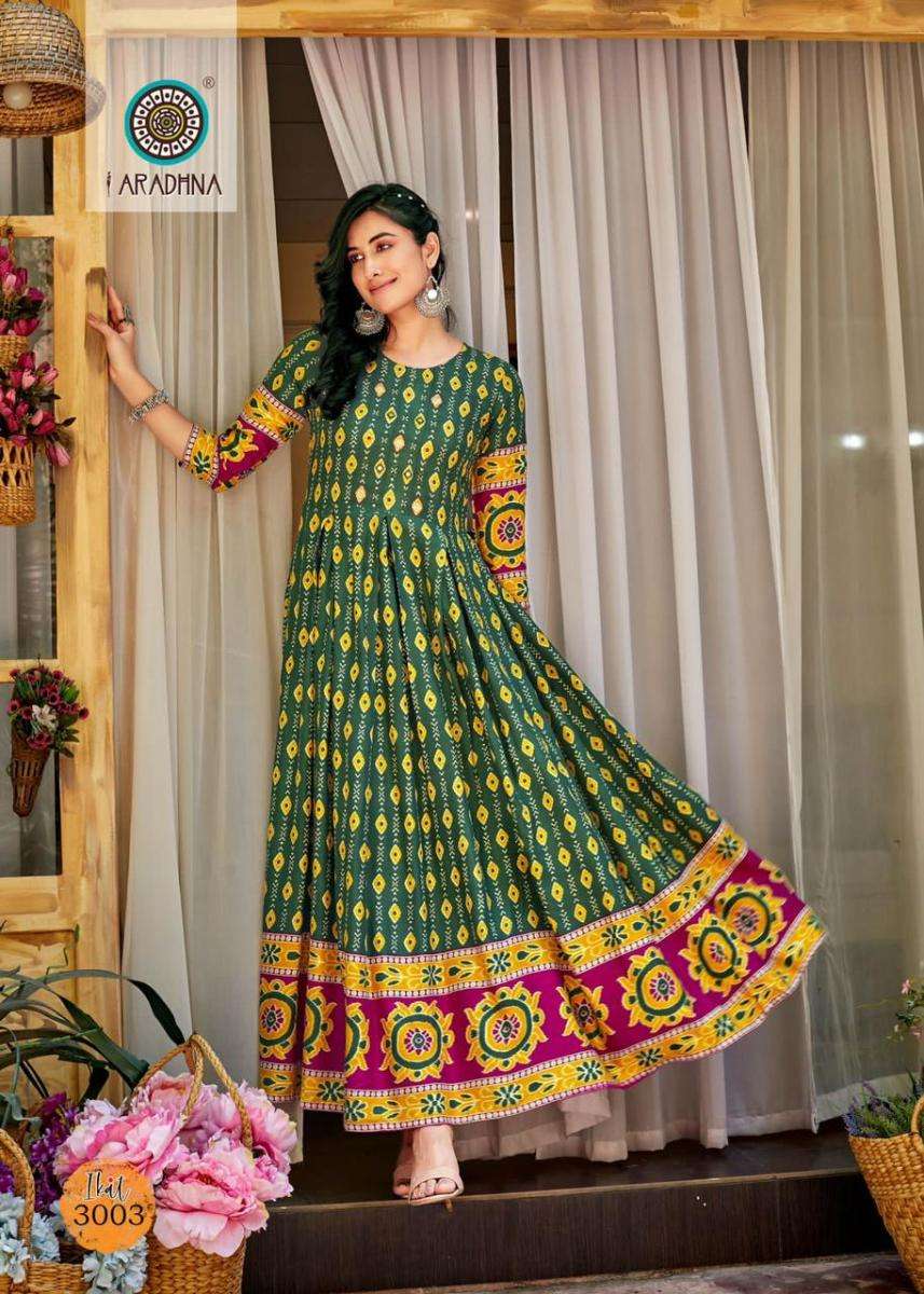 IKAT VOL-3 SERIES 3001 TO 3012 GOWN BY ARADHANA DESIGNER WITH PRINTED RAYON GOWNS ARE AVAILABLE AT WHOLESALE PRICE