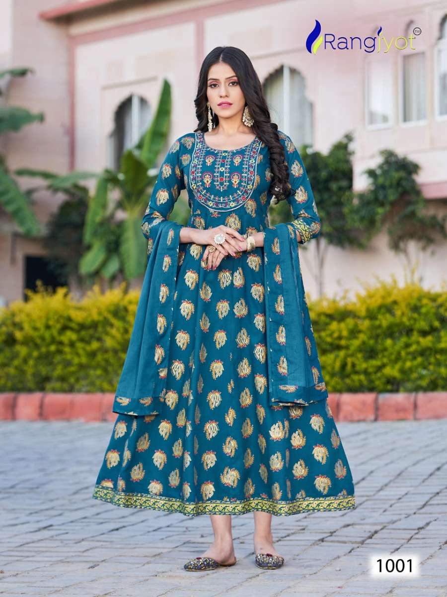 JANVI SERIES 1001 TO 1008 GOWN BY RANGJYOT DESIGNER WITH PRINTED AND WORK RAYON GOWN WITH DUPATTA ARE AVAILABLE AT WHOLESALE PRICE