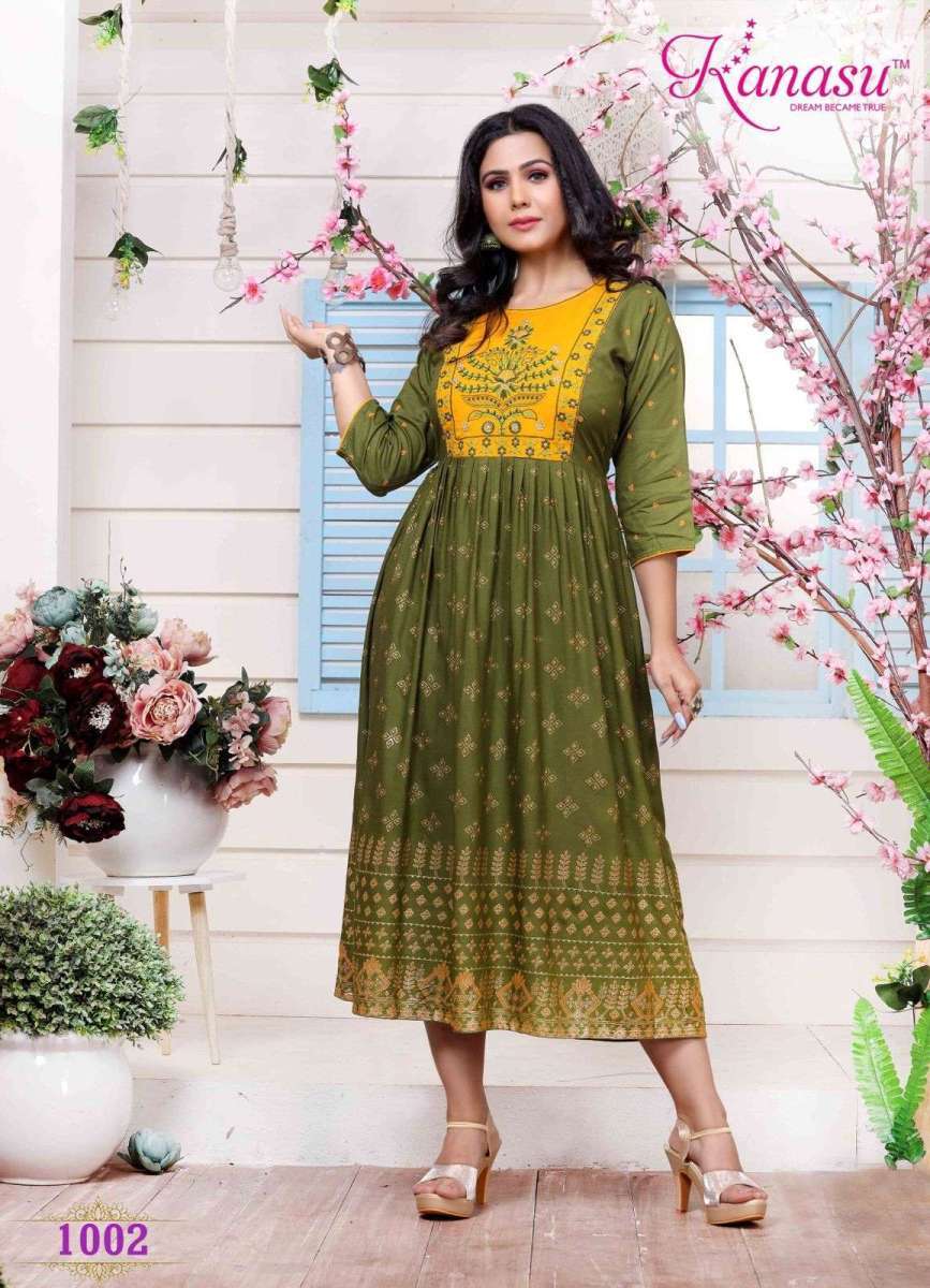 KAASH SERIES 1001 TO 1008 KURTI BY KANASU DESIGNER WITH PRINTED FLAIR RAYON KURTIS ARE AVAILABLE AT WHOLESALE PRICE