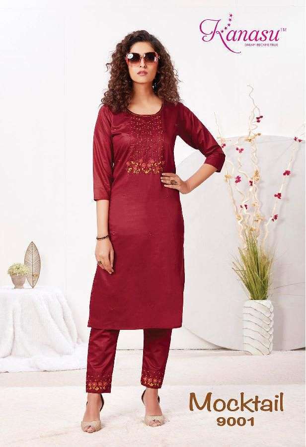 MOCKTAIL SERIES 9001 TO 9008 KURTI BY KANASU DESIGNER WITH WORK SILK TOP WITH PANT ARE AVAILABLE AT WHOLESALE PRICE