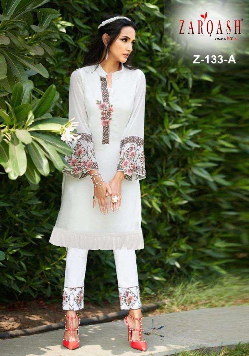 ZARQASH Z 133 SERIES DESIGNER WITH WORK PAKISTANI STYLE GEORGETTE TOP AND PANT ARE AVAILABLE IN SINGLES AT WHOLESALE PRICE