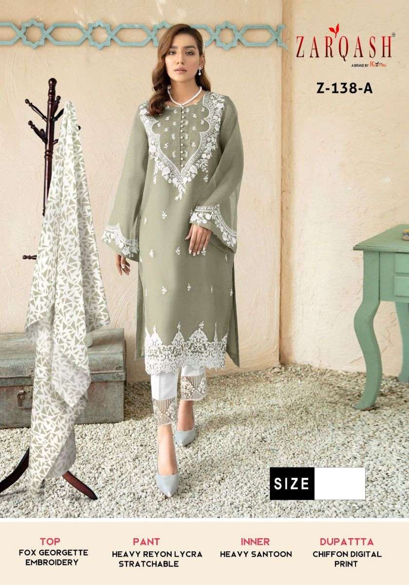 ZARQASH Z 138 SERIES DESIGNER WITH WORK PAKISTANI STYLE GEORGETTE TOP WITH PANT AND DUPATTA ARE AVAILABLE IN SINGLES AT WHOLESALE PRICE