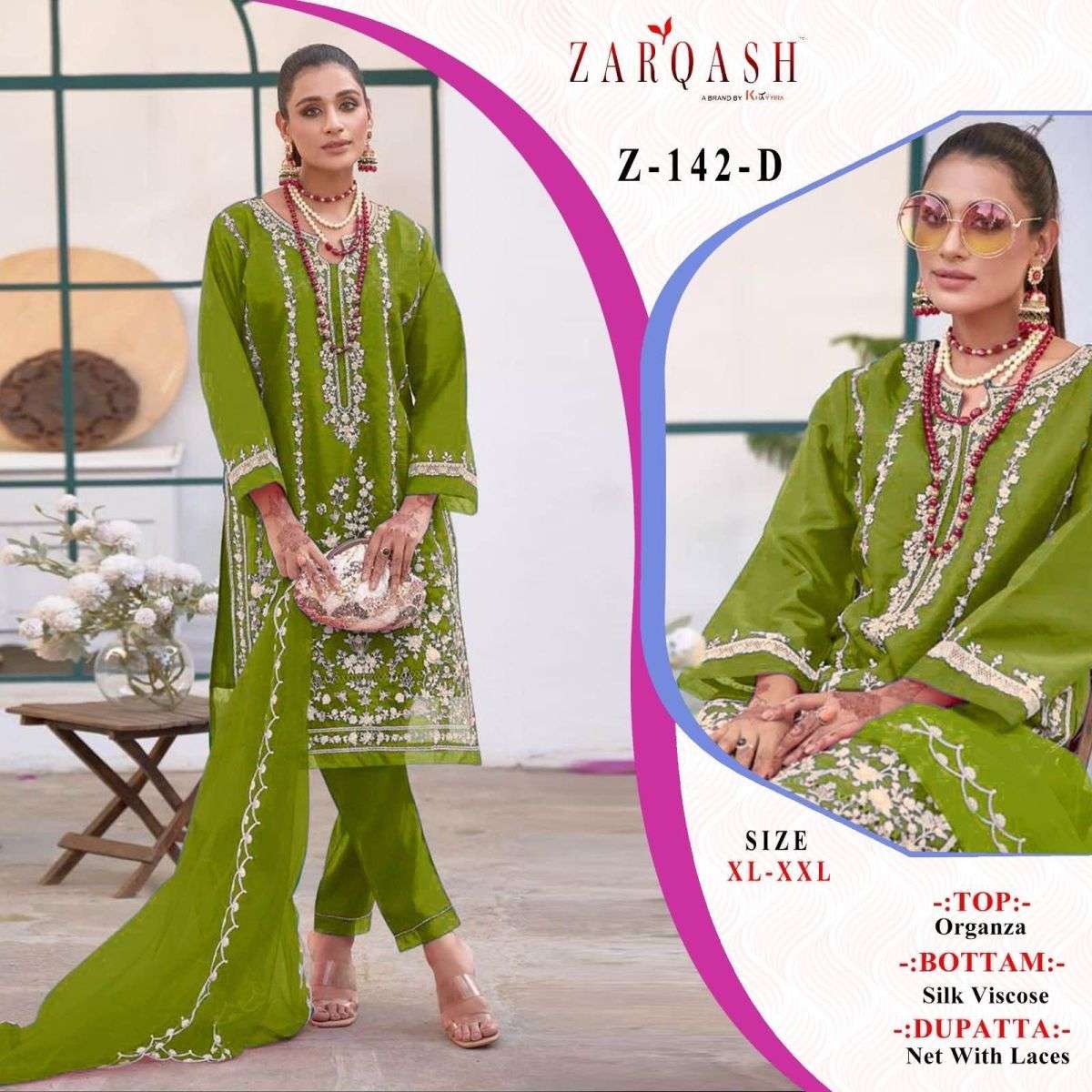 ZARQASH Z 142 SERIES DESIGNER WITH WORK PAKISTANI STYLE GEORGETTE TOP WITH PANT AND DUPATTA ARE AVAILABLE IN SINGLES AT WHOLESALE PRICE