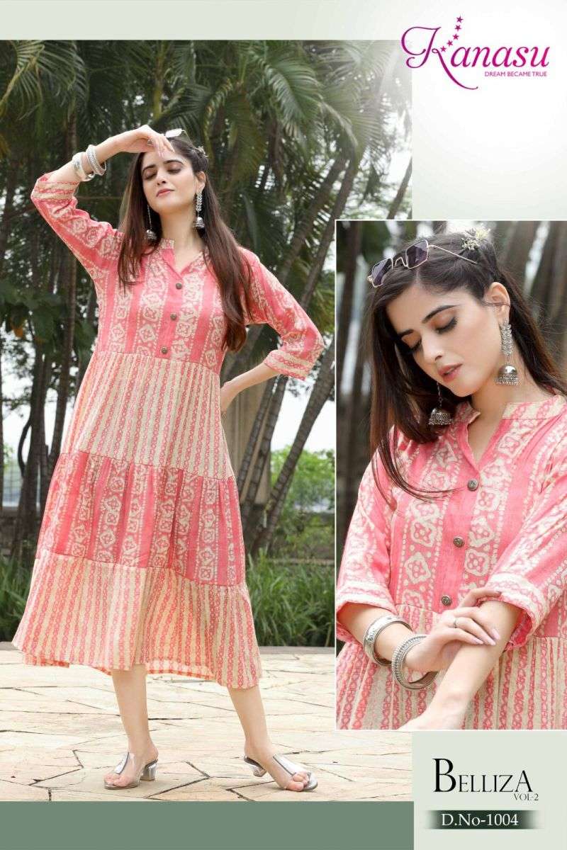 BELLIZA VOL-2 SERIES 1001 TO 1008 KURTI BY KANASU DESIGNER WITH CAPSUL PRINTED RAYON GOWN STYLE KURTIS ARE AVAILABLE AT WHOLESALE PRICE