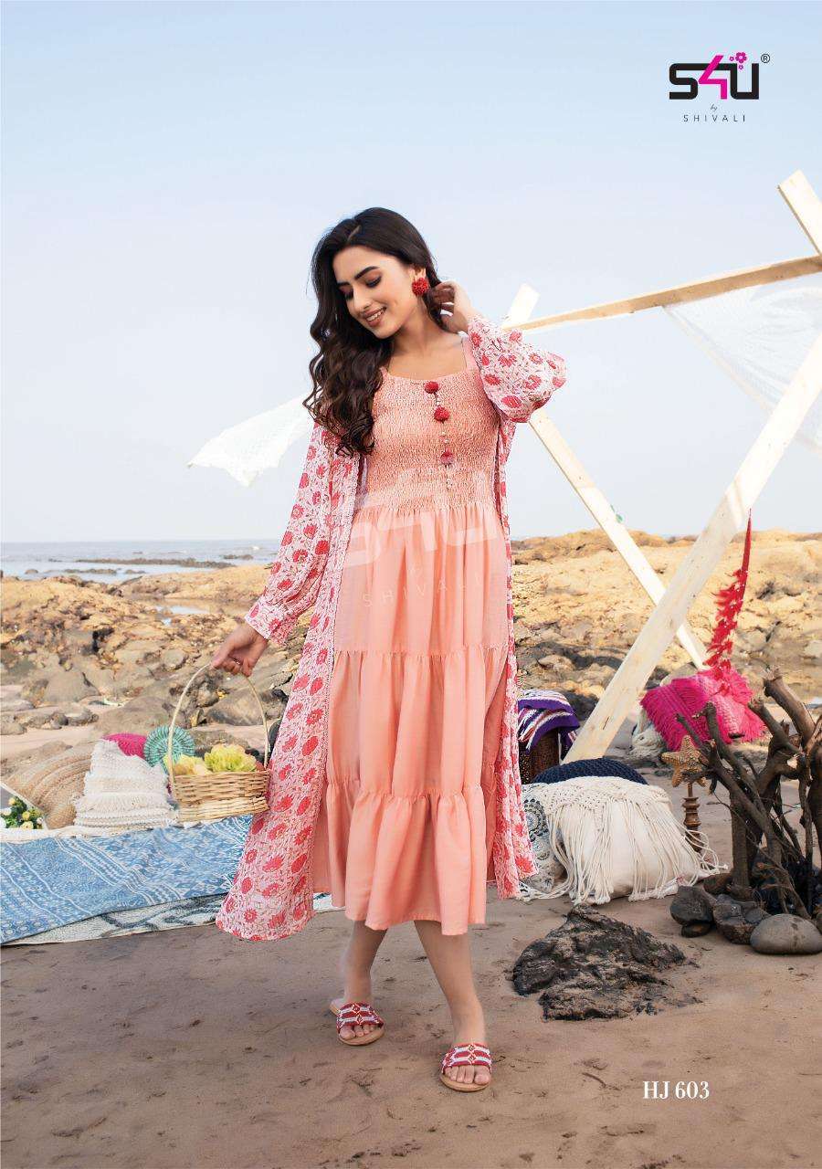 HELLO JACKET VOL-6 SERIES 601 TO 605 BY S4U DESIGNER FANCY KURTI WITH JACKET ARE AVAILABLE AT WHOLESALE PRICE
