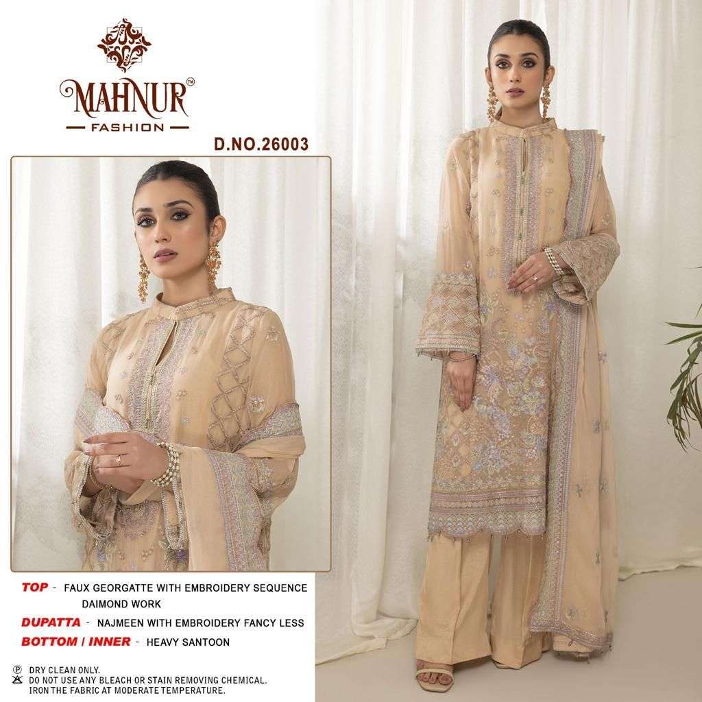 MAHNUR VOL-26 SEIRES 26001 TO 26003 BY MAHNUR FASHION DESIGNER WITH WORK GEORGETTE PAKISTANI STYLE SUITS ARE AVAILABLE AT WHOLESALE PRICE