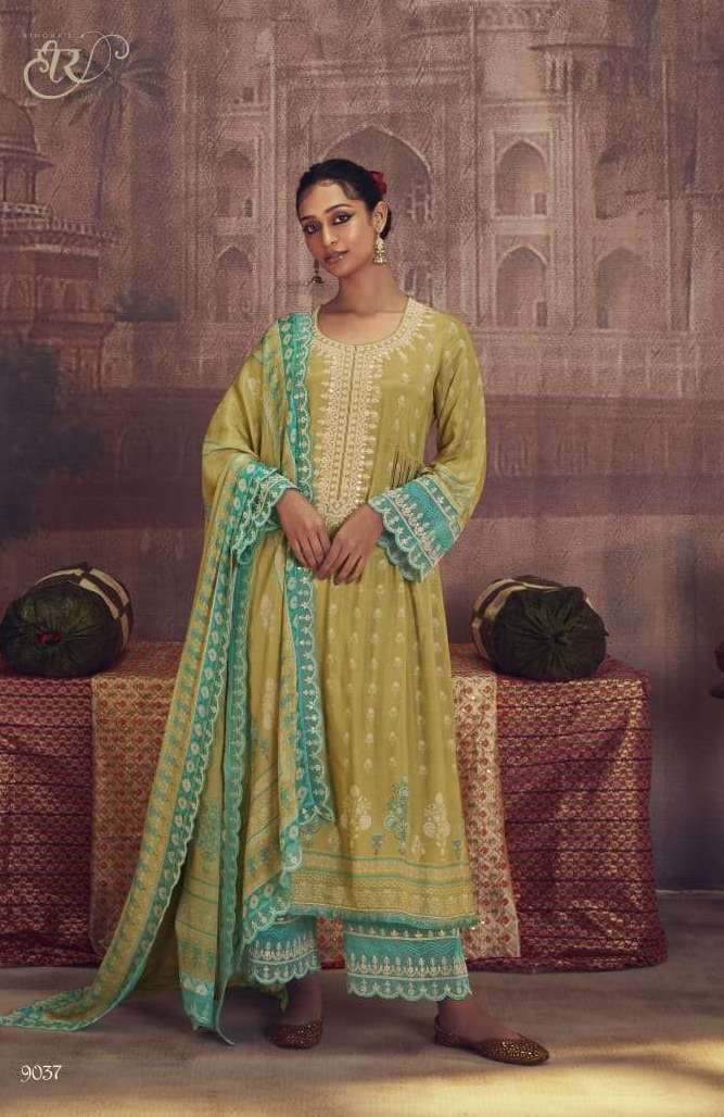 MEHBOOB SERIES 9031 TO 9038 BY HEER DESIGNER WITH PRINTED AND WORK MUSLIN SUITS ARE AVAILABLE IN SINGLES AT WHOLESALE PRICE