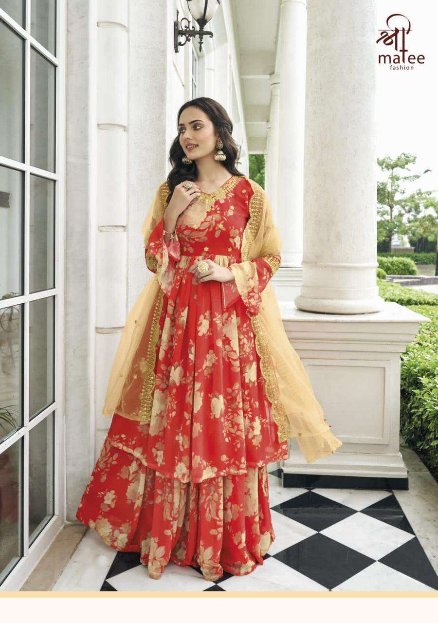 ZIMAL SERIES 129 TO 132 BY SHREE MATEE DESIGNER WITH PRINTED AND WORK GEORGETTE SHARARA SUITS ARE AVAILABLE IN SINGLES AT WHOLESALE PRICE