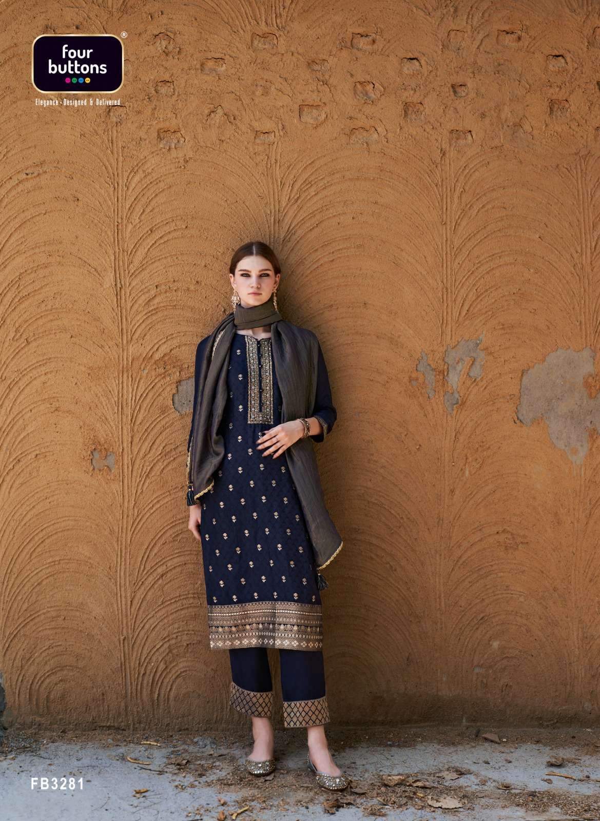 AFREEN SERIES 3281 TO 3286 BY FOUR BUTTONS DESIGNER WITH WORK DOLA SILK TOP WITH PANT AND DUPATTA ARE AVAILABLE AT WHOLESALE PRICE