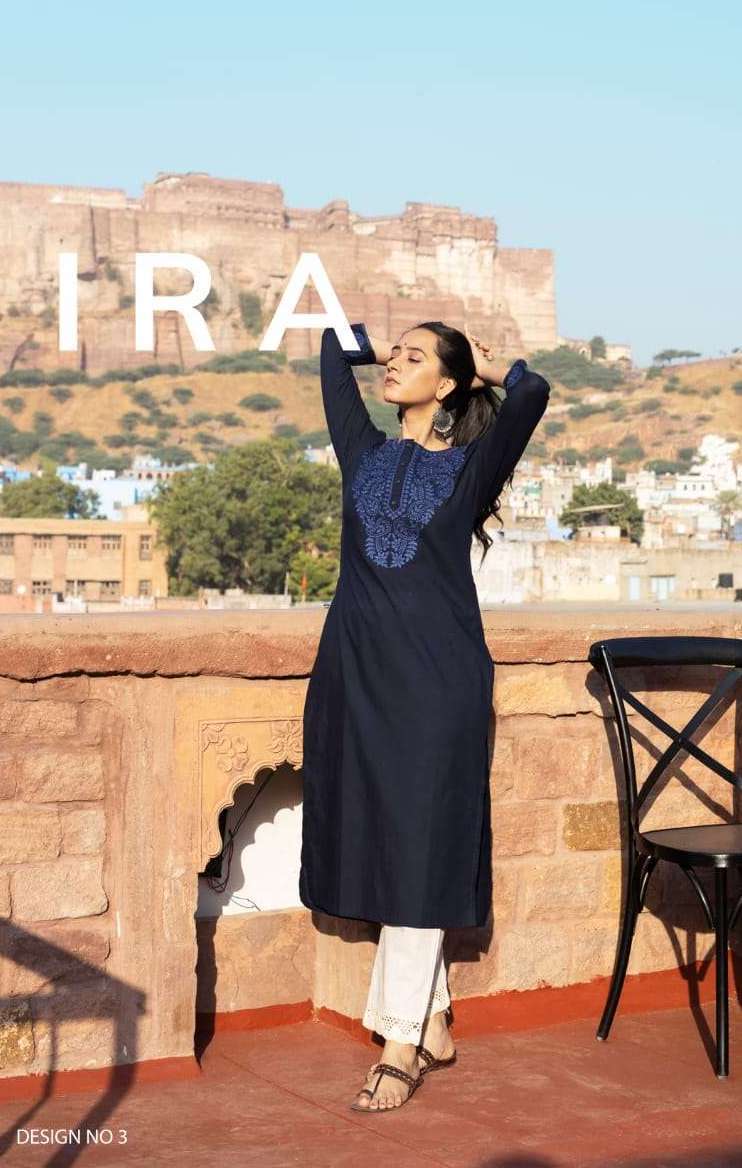 IRA SERIES 01 TO 04 KURTI BY 100 MILES DESIGNER WITH EMBROIDERY WORK COTTON KURTIS ARE AVAILABLE AT WHOLESALE PRICE