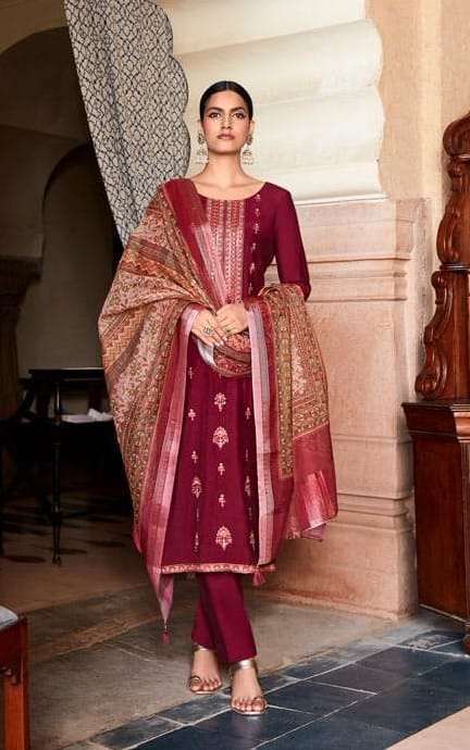 MAHNOOR SERIES 1001 TO 1006 BY TZU DESIGNER WITH WORK ROMAN SILK SUITS ARE AVAILABLE AT WHOLESALE PRICE