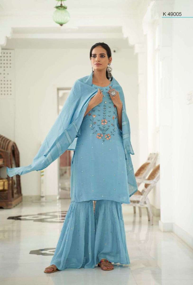 NAZMA SERIES 49001 TO 49006 BY KALKI DESIGNER WITH WORK VISCOSE SILK KURTI WITH SHARARA AND DUPATTA ARE AVAILABLE AT WHOLESALE PRICE