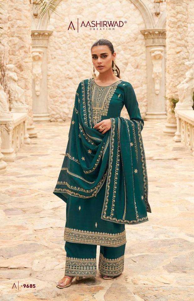 OGAAN SERIES 9685 TO 9689 BY GULKAND AASHIRWAD DESIGNER WITH WORK PREMIUM SILK SUITS ARE AVAILABLE IN SINGLES AT WHOLESALE PRICE