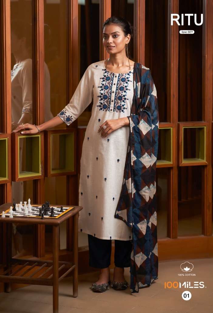 RITU SERIES 01 TO 04 KURTI BY 100 MILES DESIGNER WITH WORK COTTON TOP WITH BOTTOM AND DUPATTA ARE AVAILABLE AT WHOLESALE PRICE