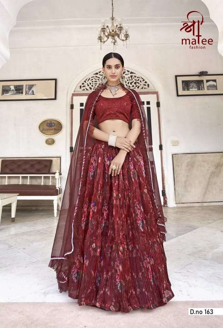 ROSY SERIES 162 TO 164 BY SHREE MATEE DESIGNER WITH PRINTED AND WORK ORGANZA LEHENGAS ARE AVAILABLE IN SINGLES AT WHOLESALE PRICE