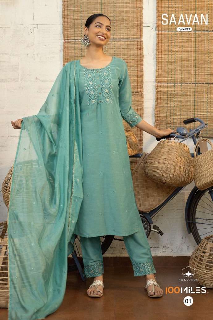 SAAVAN SERIES 01 TO 04 BY 100 MILES DESIGNER WITH EMBROIDERY WORK FANCY KURTI WITH BOTTOM AND DUPATTA ARE AVAILABLE AT WHOLESALE PRICE
