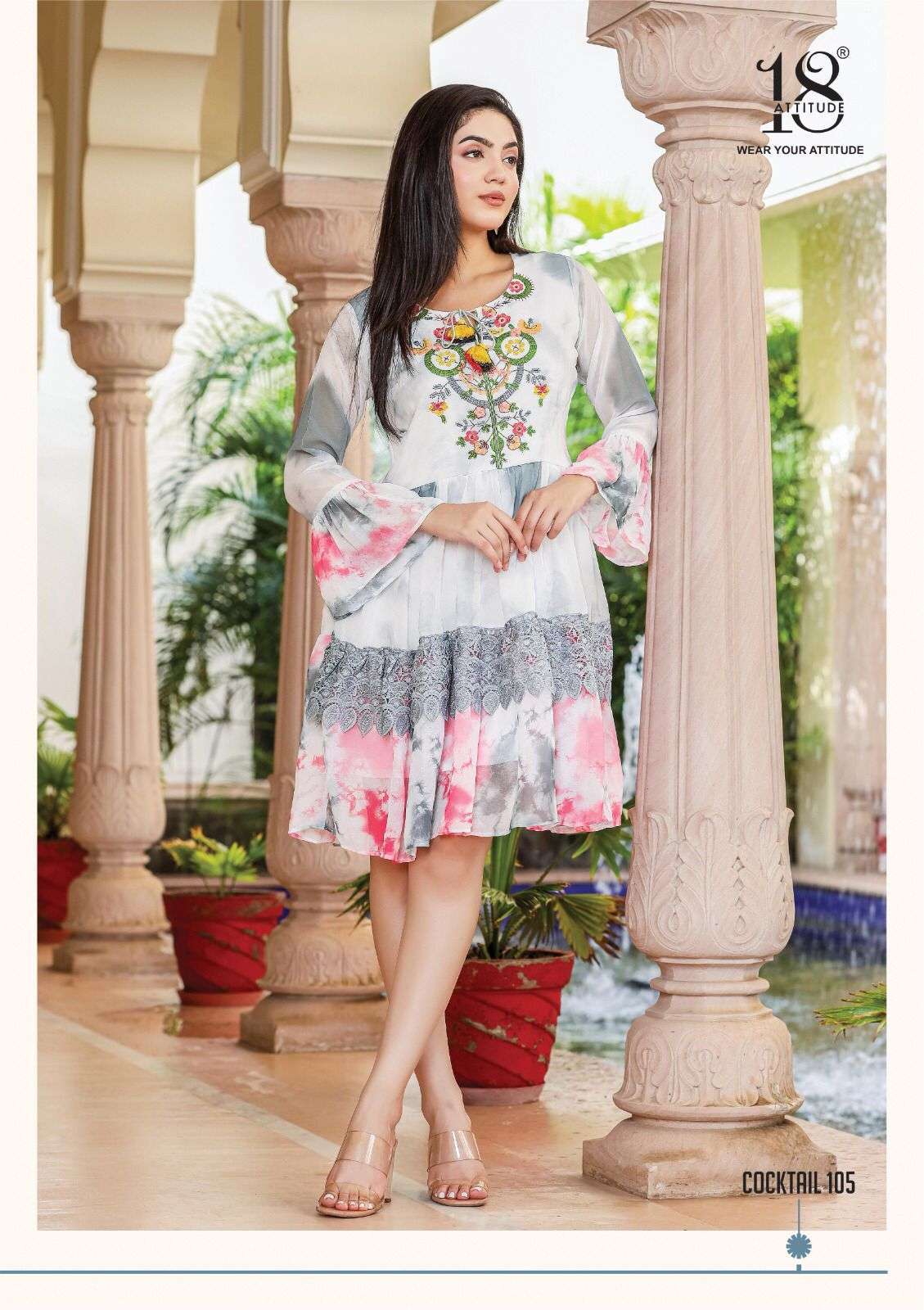 COCKTAIL SERIES 101 TO 105 BY 18 ATTITUDE DESIGNER WITH PRINTED VISCOSE GEORGETTE SHORT KURTIS ARE AVAILABLE AT WHOLESALE PRICE