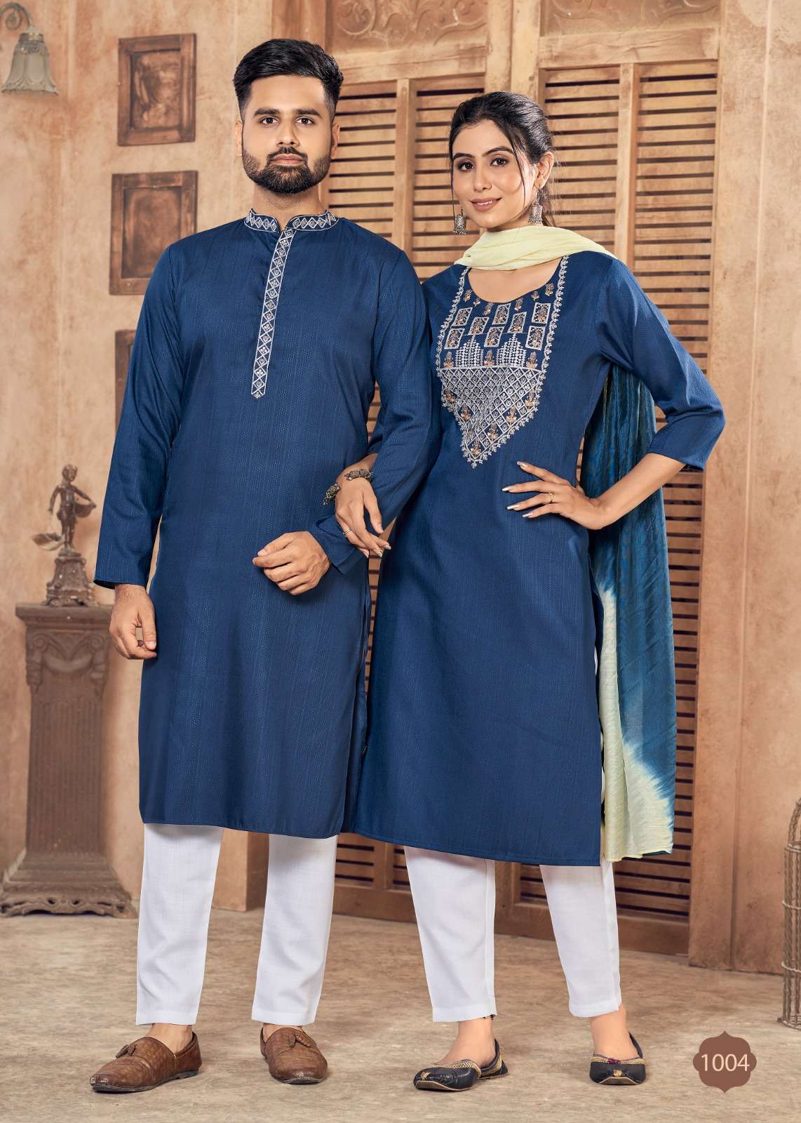COUPLE GOAL VOL-7 SERIES 1001 TO 1004 BY BANWERY DESIGNER WITH WORK VISCOSE KURTI AND KURTA PAYJAMA ARE AVAILABLE AT WHOLESALE PRICE