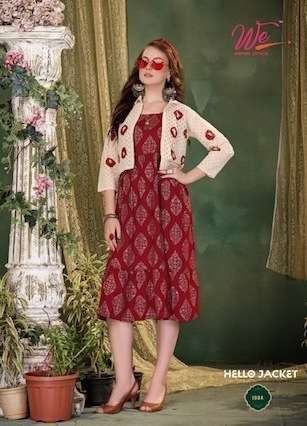 HELLO JACKET SERIES 1001 TO 1008 KURTI BY WE DESIGNER WITH PRINTED KURTI WITH KOTI ARE AVAILABLE AT WHOLESALE PRICE