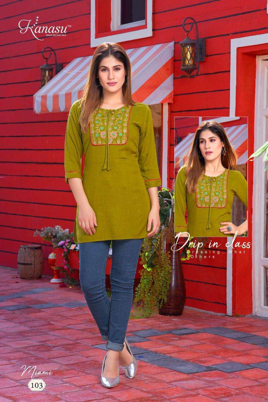 MIAMI SERIES 101 TO 108 BY KANASU DESIGNER WITH EMBROIDERY WORK RAYON TOPS ARE AVAILABLE AT WHOLESALE PRICE