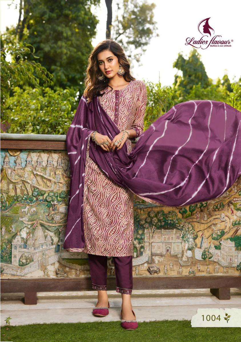 MUSKAN SERIES 1001 TO 1004 BY LADIES FLAVOUR DESIGNER WITH PRINTED AND WORK CHANDERI KURTI WITH BOTTOM AND DUPATTA ARE AVAILABLE AT WHOLESALE PRICE